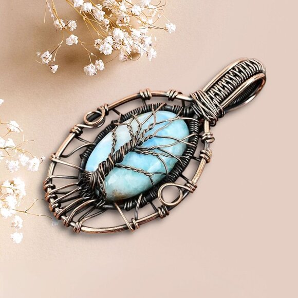 Handmade ✦ Copper Wire Wrap Tree of Life Pendant ✦ Oval Larimar Stone Necklace - Picture 6 of 9